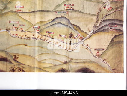 . Teilscan Stitchen Deutsch : zum einer Karte über das 'Weismainer Fischwasser' mit Verlauf der Weismain, angerenzenden Flüssen und Bächen wie und dem eingezeichneten principal Ortschaften und Mühlen. vers 1600. Fischwasserkarte 643 Inconnu Weismainer (u.r.) Banque D'Images