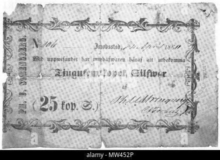 . Anglais : billet de banque émis par la compagnie de tabac finlandais * Strengberg en 1862. Svenska : Sedel sortie av tobaksfirman 1862 Strengberg. 1862. Ab Ph. U. Strengberg & C:o Oy. 578 Strengberg sedel Banque D'Images