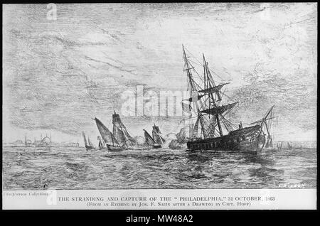 . Anglais : Illustration de la 'USS Philadelphia', une frégate de 38 canons, commandé en 1800. Capture et d'échouement le 31 octobre 1803. Le 23 septembre 2011. Inconnu, non prévu à la source 111 Philadelphie Capture Banque D'Images