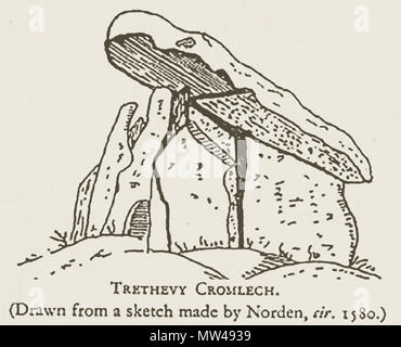 Un croquis de 1919 Trethevy Quoit (Cromlech) tombe mégalithique, près de Tremar Coombe, Cornwall Angleterre Banque D'Images