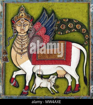 . English : 'La vache Kamadhenu, Wish-Granting faite au Rajasthan, Inde c. 1825-55 Artiste/artisan inconnu, l'Inde, Rajasthan, Jodhpur ou Nathadwara aquarelle opaque et pigments métalliques sur papier 5 x 5 pouces (12,7 x 12,7 cm) cette vision de la vache Kamadhenu, Wish-Granting, combine la vache zébu blanc avec le visage féminin frontal couronné, coloré "Eagle" des ailes et queue de paon de Buraq, l'animal que le prophète Mohammed rode au ciel dans son voyage nocturne (Miraj). Depuis au moins le xve siècle, le Persan tableaux Buraq avec un corps de cheval, des ailes, et visage de femme ; le paon tai Banque D'Images