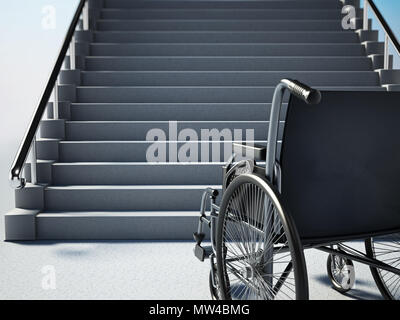 Fauteuil roulant vide debout devant l'escalier raide. 3D illustration. Banque D'Images