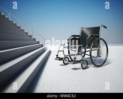 Fauteuil roulant vide debout devant l'escalier raide. 3D illustration. Banque D'Images