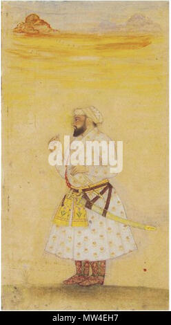 . Anglais : Lot Description GOUROU TEG BAHADUR, LE NEUVIÈME gourou sikh Inde moghole, 18ème siècle rehaussée de gouache sur papier, or un seul turbanned figure portant une robe blanche élégante avec éclairage floral se dresse sur une colline au coucher du soleil, une part est titulaire d'un petit bijou, l'autre repose sur la garde d'un katar, une épée longue pend aussi de sa ceinture, prévue à l'intérieur des frontières d'or crème lumineux, de petites zones de coloration, miniature monté 8 x 4½in. (20,2 x 11,4 cm.), folio 10 1/8 x 6 5/8 in. (25,3 x 16,6cm.) . 18e siècle. L'Inde moghole, 18E SIÈCLE 258 Gourou teg bahadur Banque D'Images