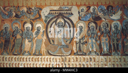. Anglais : Bouddha flanquée de bodhisattvas avec flying apsaras. Murales de Dunhuang. Cave 428, dynastie Zhou du Nord. 5 janvier 2013, 01:48:38. 103 anonyme Bouddha flanquée de bodhisattvas avec flying apsaras. Murales de Dunhuang. Cave 428, dynastie Zhou du Nord. Banque D'Images