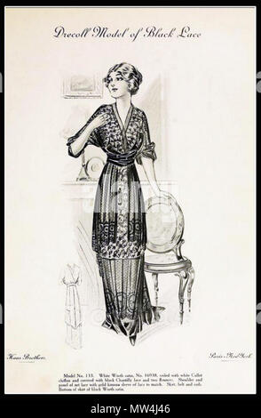 . Anglais : Fashion Design by Christoph Drecoll (1851-1939). Une valeur de "satin blanc Modèle Drecoll de dentelle noire", voilée de mousseline blanche avec Callot et couverte de dentelle Chantilly noire et deux volants. Panneau de l'épaule et de dentelle avec manche kimono d'or de la dentelle de match. Jupe, ceinture et une écharpe. Bas de la jupe de satin noir d'une valeur. Tenue de cocktail par couturier Baron Christoph von Drecoll. Publié par Haas frères. 8 mars 2013, 18:25:57. Christop Drecoll (1851-1939) 170 Modèle Drecoll de dentelle noire. Saison Printemps 1913 Paris Banque D'Images