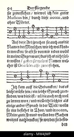 . Anglais : une page de la traduction allemande de Francis Godwin est l'homme dans l'Moone, montrant la transcription de la langue lunaire. 4 juin 2013, 12:37:09. Francis Godwin/Jérôme Imhof 210 Fliegende wandersmann music Banque D'Images