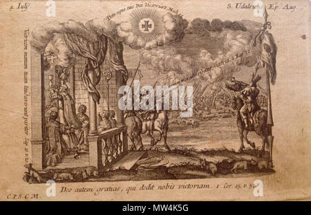. Deutsch : Heiligenkalender 17. Jahrhundert, Andachtsbild zum 4. Juli (Tag des hl. Ulrich) : Die Schlacht auf dem Lechfeld und das Kreuz siegbringende . 17e siècle. Lechfeldschlacht Ulrichskreuz 364 inconnu Banque D'Images