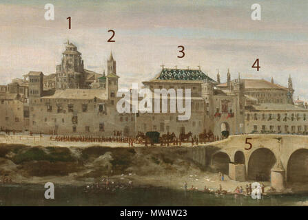 . Español : Detalle vista de Zaragoza (Óleo de Juan Bautista Martinez del Mazo) 1:Cimborrio de la Seo 2:Torre 3:Mudéjar Palacio de la Diputación del Reino 4:Lonja 5:Puente de piedra . circa 1647. Juan Bautista Martinez del Mazo, detalle y modificación por Escarlati 161 Detalle vista de Zaragoza (JB del Mazo)-num Banque D'Images