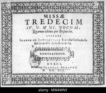 . Anglais : page de titre de Jean de Bournonville Missae tredecim (Douai, 1619) . 2 août 2015, 18:44:28. Jean II Bogard, de l'imprimante. 95 Bournonville Missae 1619 Banque D'Images