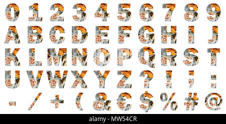 Alphabet international Collage des lettres, chiffres, caractères spéciaux et les signes isolé sur fond blanc Banque D'Images