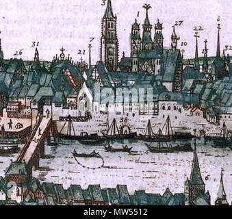 . Anglais : vue sur la Meuse et la partie centrale de Maastricht, aux Pays-Bas, autour de 1570. Droit du pont (7) : le premier établissement des Augustines à Maastricht. Détail de panorama par Simon de Bellomonte, c 1570, publié en 1575 dans la partie 2 de Braun & Hogenberg's atlas of world cities Civitates orbis terrarum. 13 mai 2014, 23:33:54. Simon de Bellomonte, c 15755 1581braun hogenberg II 21 détail b1 Banque D'Images