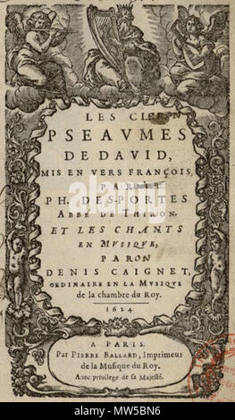 . English : Page de titre des Psaumes de Denis Caignet (Paris  : Pierre I Ballard, 1624, 8°). BM Bourges. 24 novembre 2015, 00:58:47. Pierre I Ballard, imprimeur à Paris. Caignet 108 1624 Banque D'Images