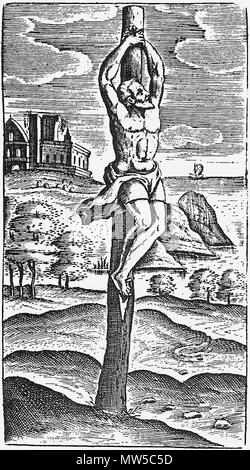 . English : 'Crux simplex', un simple jeu de torture en bois, selon le mot grec classique 'stavros' ('σταυρός'), par Juste Lipse (1547-1606), De Cruce Libri Tres, Anvers, 1629, p. 19. Ελληνικά : Crux simplex (Νέα Ελληνικά : απλός σταυρός μονός σταυρός,), από το έργο Ιούστου Λίψιου του (1547-1606), De Cruce Libri Tres, Άντβερπ, 1629, σ. 19. Polski : "Crux simplex", prosty drewniany pal egzekucyjny znaczeniem zgodnie, ze słowa "stauros" (σταυρός) w klasycznej grece, Juste Lipse (1547-1606), De Cruce Libri Tres, Antwerpia, 1629, s. 19. 11 mai 2007. Pvasiliadis 330 Bâtiment Justus Lipsius Crux Simpl Banque D'Images