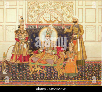 . L'Empereur Bahadur Shah II intronisé l'Inde . Ghulam 'Ali Khan (actif c. 1820-c. 1840) L'Empereur Bahadur Shah II intronisé l'Inde, Delhi, Mughal, date de 1838 (A.H. 1254) aquarelle opaque et d'or sur papier le dernier empereur moghol, Bahadur Shah II, avec deux fils, l'Héritier, Fakhrud-din Mirza à sa droite, et Mirza Farkhanda. Le Mughal, Inde du Nord, Delhi, du mois de Rabi I, A.H. 1254 (mai-juin 1838) : 32 x 38 cm. Collection privée. "Sur ce dernier portrait Moghol impérial sont inscrits certains de ses titres honorifiques : 'l'ombre de Dieu,' 'puissant roi des rois", "Refuge de l'Islam", un Banque D'Images