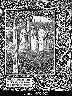 . Anglais : illustration d'Aubrey Beardsley (1872-1898) de Thomas Malory's Le morte d'Arthur (Livre I - Chapitre III) publié par J. M. Dent en 1893. La gravure sur bois japonaise reflète l'appelle l'ukiyo-e. 1893. Aubrey Vincent Beardsley (1872 - 1898) pour le morte d'Arthur Editeur : J. M. Dent et Compagnie Année : 1893 413 Merlin prit l'enfant dans ses dossiers d'Arthur Banque D'Images