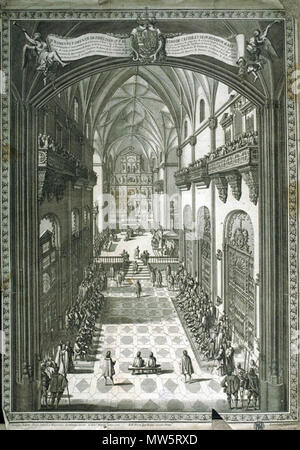 . Español : Intérieur de San Jerónimo el Real (Madrid, España). La gravure de Juan Bautista Berterham y Felipe Pallota del año 1703, en el que se recrea el acto de juramento de las Cortes de Castilla y León un Felipe V, que tuvo lugar el día 8 de mayo de 1701. 672 l'intérieur de San Jeronimo el Real Madrid 1703 Banque D'Images