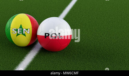 Pologne vs Sénégal Match de football - ballons de soccer en Polognes et Senegals couleurs nationales sur un terrain de soccer. Copie de l'espace sur le côté droit - 3D Render Banque D'Images