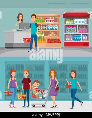 Supermarché étagères avec les gens d'acheter Illustration de Vecteur