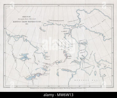 . Croquis montrant l'itinéraire de la récente expédition terrestre de l'Arctique. Anglais : difficile de trouver ce site, datant de 1835, a été dessiné par la Société royale de géographie cartographe John Murray de l'illustre le journal de l'expédition terrestre de l'Arctique. Illustre les régions du Canada au nord de la Baie d'Hudson à la baie de Baffin, dans le nord-est et le Grand lac de l'ours dans l'ouest. Région représentée n'est que partiellement exact et est révélateur de la période précoce de l'exploration de l'Arctique. . 1835 71835 Murray Carte de l'expédition terrestre de l'Arctique, la baie d'Hudson (Canada) - Geographicus - ArcticExp-murray-1835 Banque D'Images