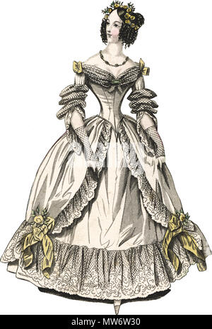 . Robes du soir. Fig. 2--robe de satin blanc, la frontière finidhed avec un volant de dentelle réel profond, et l'avant de la jupe garnie en tablier de dentelle ; il est résilié à la volant par un nœud de ruban et de l'oiseau une fleur. Le eorsage profondément fait en bas, et drapé à la Sevigné en haut, est orné sur l'épaule avec des noeuds de ruban ; la draperie du corsage est formé du réseau, comme c'est aussi le biais qui ornent les manches. Ces derniers sont terminés par des manchettes en dentelle à la Venitiennne. Coiffure de cheveux, ornée de fleurs 7 Wihite robe satin robe de soirée Banque D'Images