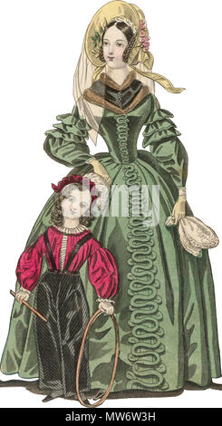 . Jeune GENTLEMAN'S dress Robe matinée à visiter. FIG. 2--Crimson merinos ; gilet et pantalons de coutil rayé en satin noir. Chapeau en velours, garni d'une plume d'autruche. FIG. 3--robe de satin vert ; un corsage, garni de velours, et une ligne de satin entrelacé rouleaus. Manchon de la forme de Bell en haut, avec un fraisage de plis. L'avant de la jupe est décorée en serpente avec rouleaus de satin. Black Velvet pelerine de petite taille, et de la forme du cœur ; il est bordé de sable. Chapeau de velours oiseau épinylé ; une auréole brim, décoré de ruban froissé et feuillage satiné ruban ; Banque D'Images