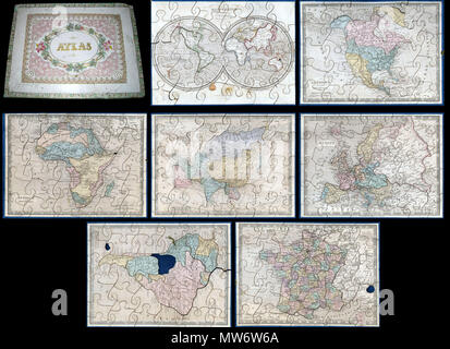 . Atlas. Anglais : un très joli un peu c. 1850 atlas puzzle publié par Auguste Logerot. Une boîte personnalisée se compose de sept cartes puzzle intéressant : le monde, en Amérique du Nord, Amérique du Sud, Europe, Asie, Afrique et en France. Chaque carte est monté sur un tableau et disséqués comme un puzzle. Etats et régions sont disséqués individuellement le long de leurs frontières tandis que les océans sont découpées en puzzle plus traditionnels. Individuellement, les cartes sont basées sur l'Dyonnet gravures pour A. R. Fremin's la géographie. La carte de l'Amérique du Nord est probablement le plus intéressant showin Banque D'Images