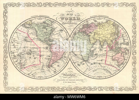 . Une nouvelle carte du monde sur la projection sphérique. Anglais : un bel exemple de la Desilver Charles 1856 hémisphère double carte du monde. Couvre l'ensemble du monde avec codage par couleur selon les continents. La carte montre les récentes découvertes dans l'Antarctique ainsi que les itinéraires de divers explorateurs éminents y compris Cook, Gore, et l'expédition d'exploration américaine. Cette carte Desilver a commencé à émettre en 1856 lorsqu'il a acquis ses droits d'auteur, S. A. Mitchell et plaques d'impression. Les modifications apportées par Desilver Mitchell's plaques sont largement limités à son ajout de la grille border vu ici. Toutefois, le plus s Banque D'Images