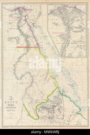 . L'Egypte, la Nubie, l'Abyssinie, et la mer Rouge. Anglais : c'est une main carte en couleur de l'Égypte, Nubie et de l'Abyssinie, datant de 1858, le cartographe Londres par Edward Weller. Nord-est de l'Afrique illustre ce qui est aujourd'hui Éthiopie centrale, vers le nord le long du Nil en Égypte et le Delta. Montre la Mer Rouge au complet avec des parties de l'Arabie Saoudite. Un encart dans le quadrant supérieur droit de détails le Delta du Nil et la vallée centrale de l'Égypte. Note Le Mont Sinaï ainsi que l'emplacement d'un grand nombre de ruines de l'Égypte ancienne. D'abord partie de l'envoi hebdomadaire, dont l'Atlas Septembre 19th, 1958 stamp apparaît toujours sur th Banque D'Images