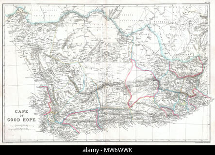. Cap de Bonne Espérance. Anglais : Une option de c. 1860 d'Afrique du Sud et le Cap de Bonne Espérance. Couvre une grande partie de l'Afrique du Sud haut de de S. Helena Bay et le Cap de Bonne Espérance à "Terre" Kaffir, à l'Est. Cette carte très détaillée est probablement basé sur la carte de Weller Edward la même région préparé pour l'Atlas de Répartition hebdomadaire . Très détaillé et plein de notations intéressantes telles que "la plupart des pièces infestées de Bushmen sauvages". Des codes de couleur selon la région. Publié dans la planche no LXIV à Blackie's Atlas impériale . . 1860 (sans date) 9 1860 Blackie Site du Cap de Bonne H Banque D'Images