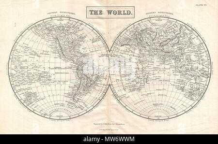 . Le monde . Anglais : un sig très détaillées du xixe siècle carte du monde divisé en deux hémisphères dans l'hémisphère ouest et l'Est de l'hémisphère occidental, cette carte montre les étiquettes et les îles, continents, grandes villes, les océans, les capes, les golfes et les montagnes. Montre également des degrés de latitude et de longitude et tempérées, zones glaciales, et torrent. Gravée par S. Hall et publié par Adam et Charles noir. . Vers 1800 (sans date) 9 Noir 1860 Carte du Monde - Geographicus - TheWorld-noir-1860 Banque D'Images