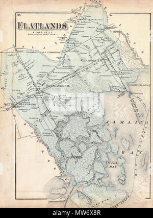 . Flatlands, Kings Co. L.I. Anglais : un rare exemple de Fredrick W. Beers' cartes parties de la région de plaines, Brooklyn, New York. Publié en 1873. Comprend les communautés de plaines, South Greenfield et Canarsie, Jamaica Bay. Détaillées pour le niveau des propriétés individuelles et les bâtiments avec les propriétaires fonciers. C'est probablement la plus belle carte atlas ces communautés de Brooklyn pour apparaître dans le 19e siècle. Préparé par Beers, Comstock & Cline hors de leur bureau au 36 Vesey Street, New York City, pour inclusion dans le premier atlas publiés de Long Island, la question de l'Atlas de 1873 Banque D'Images