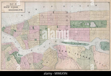 . Plan de la partie centrale de ces villes de New York et de Brooklyn. Anglais : un exemple rare de Fredrick W. Beers Site New York City, New York. Publié en 1873, cette carte illustre la ville de New York à 115e Rue et parties de Brooklyn et Queens. Détails caractéristiques de la rue montrant les bâtiments individuels, les parcs nationaux, et les noms de rue. Offre une multitude de détails dans Central Park et Queens, domaines généralement négligé par les cartes précédentes de la ville. Blackwood ( Île Roosevelt Island ) est magnifiquement détaillé avec un hôpital illustré à la pointe sud de l'île où nous voyons aujourd'hui qu'un semblant d'existence, si g Banque D'Images