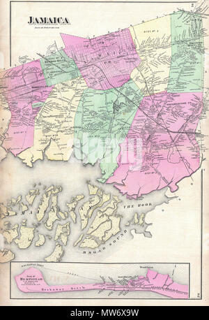 . La Jamaïque. Anglais : un rare exemple de Fredrick W. Beers' plan de la Jamaïque, Queens, New York. Publié en 1873. Couvre environ de Jamaica Bay vers le nord jusqu'à la Jamaïque et centre de Inglewood. Inclut un plan d'encart et Brent Rockaway Beach Point. Comprend les pièces des reines qui sont maintenant occupés par l'aéroport John F. Kennedy. Plus d'immeubles particuliers et propriétés avec détenteurs de la terre. C'est probablement la plus belle carte du nord de l'atlas de la Jamaïque, le Queens pour apparaître dans le 19e siècle. Préparé par Beers, Comstock & Cline hors de leur bureau au 36 Vesey Street, New Banque D'Images