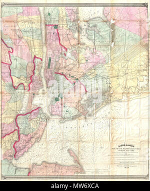 . Asher & Adams' site des baies, des ports et des rivières autour de New York : montrant la carte, sondages, phares, bouées & c. et l'ensemble de la topographie du pays environnant : y compris Hempstead, Sandy-Hook, South-Amboy, Neward, Yonkers, N. Rochelle & Glenn Cove. Anglais : un univers visuel époustouflant et extrêmement rare 1874 Carte de poche de la grande région de la ville de New York de manière innovante combinant levés de terrain détaillées avec les travaux de l'Enquête sur les côtes des États-Unis. Couvre la région de la ville de New York de Sandy Hook et Monmouth County north à : Staten Island, Manhattan, Newark et Yonkers. Eastwar s'étend Banque D'Images