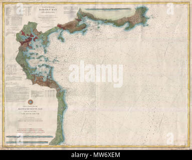 . La carte no 109, côte de la baie de Boston et d'approches. - Les cartes de la côte 109 et 110, Massachusetts Bay avec la côte de Cape Ann à Cape Cod. Anglais : rare carte marine 1877 de Boston Bay, le port de Boston et ses environs. Couvre la côte du Massachusetts à partir de Cape Ann passé vers le sud de Gloucester, de Marblehead, Lynn, Boston et à Cohasset Harbor Green River. Détail de l'intérieur étonnant offre notant des bâtiments individuels, les routes, les collectivités, les champs, et les petits cours d'eau. Il y a trois shore profile views : Entrée Boston, Minot's Ledge, et Cape Ann. En plus de détails à l'intérieur des terres, ce tableau contient un Banque D'Images