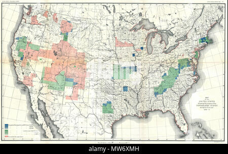 . Carte des États-Unis montre les progrès de l'étude topographique au cours de l'exercice 1887-8. Anglais : cette rare carte des États-Unis a été publié en 1888 par le U.S. Geological Survey. Représente l'ensemble des États-Unis avec différentes zones ombragées indiquant la progression de l'étude topographique. Différentes zones indiquent les zones qui ont été interrogés par la Commission géologique, l'échelle à laquelle ils ont été étudiés, et l'année où ils ont été interrogés. Montre également les parties des États-Unis qui ont été étudiés par d'autres organisations. Se concentre presque exclusivement sur geolo Banque D'Images