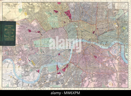 . Indicateur de bande élargie Plan de Londres et Guide des visiteurs. Anglais : un grand et beau format poche pliant Plan de Londres Angleterre par C. Smith et son fils. Cette carte est à partir de la populaire série "tape" qui a été publié dans de nombreuses éditions du 1850 jusqu'au début du xxe siècle. Cette belle carte illustre grand format les rues, les voies navigables, les trains et les bâtiments de Londres dans un splendide colorié à la main de détails. Se replie dans un classeur avec le linge vert doré, le cachet du titre. Comprend un livret page 72 rue et guide ainsi que l'homonyme "tape". Le long du bas de la carte, 18 Banque D'Images