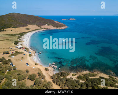 Vue aérienne de la plage de Tamarone, Plage de Tamarone, péninsule du Cap Corse, Bastia, Corse, France Banque D'Images