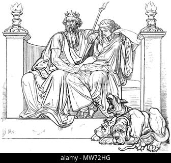 . Aidoneus - Hades (Pluton) et Perséphone (Proserpine) & Cerberus (Kerberos) Deutsch : Als König der Unterwelt thront en düsterer Majestät Hades, den Gesang des Orpheus um Euridice, hörend und neben ihm seine Gemahlin Perséphone, welche um ein melanchonisches herrscht Schweigen. Freskobild aus einem der Glyptothèque à München. Anglais : Hades (Pluton) représenté assis à gauche tenant un bident dans sa main gauche, à côté de Perséphone (Proserpine), avec Cerberus (Kerberos) assis au-dessous . Publication : janvier 1864. Editeur : Eduard Trewendt Holzschnittkunst, Atelier für von Gaber à Dresde 30 Août Banque D'Images