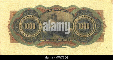 . Anglais : Drachme de billets de la Banque Nationale de Grèce. La Banque nationale a été une émission de billets de banque privée à l'État grec de 1841 à 1928. http://www.greekbanknotes.com/greek-banknotes/a1841 Http://www.greekbanknotes.com/greek-banknotes/a1900 1900/ 1940/ . Entre 1841 et 1928. Inconnu 3 1000-drachmes-1901-retour Banque D'Images