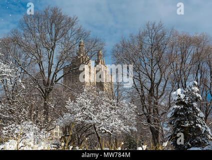 San Remo Bâtiment vu à travers les arbres enneigés de Central Park en hiver, New York City, USA Banque D'Images