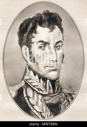 Simón José Antonio de la Santísima Trinidad Bolívar Ponte Palacios y Blanco, 1783 - 1830, alias Simón Bolívar et El Libertador. Chef politique et militaire vénézuélien. Illustration par Gordon Ross, artiste et illustrateur américain (1873-1946), de la vie des hommes. Banque D'Images