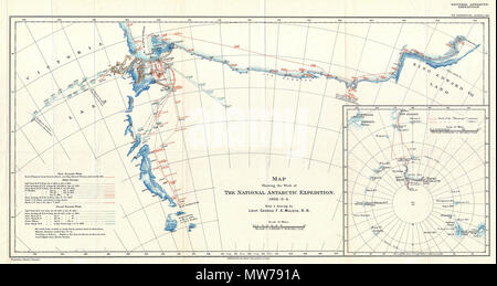 . Carte montrant les travaux de l'expédition en Antarctique. 1902 - 3 - 4. Anglais : Ce site inhabituel de détails les explorations de la British National expédition en Antarctique. La British National Antarctic Expedition, également connu sous le nom de l'expédition Discovery, (1901 - 1904) a été le premier officiel britannique, Exploration de l'Antarctique depuis les explorations de Ross dans le milieu du 19ème siècle. Organisée conjointement par la Royal Society et la Royal Geographical Society, l'expédition a été conçu pour recueillir des données scientifiques et des données géographiques concernant le territoire largement inexploré. Envisager Banque D'Images