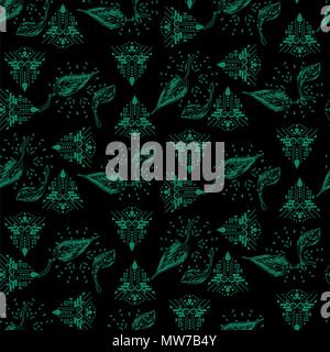 Vert foncé et noir et le feuillage ethnique modèle vectoriel continu. Illustration de Vecteur