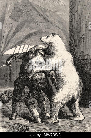 'L'ours saisit les deux.' Art par Adrien Marie Barbant et de 'Le Docteur ox' de Jules Verne (1874). Banque D'Images