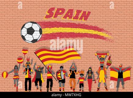Les fans de football espagnol avec l'Espagne d'encouragement des couleurs du drapeau en face de ballon de soccer des graffitis. Tous les objets sont dans des couches différentes et le texte types n Illustration de Vecteur