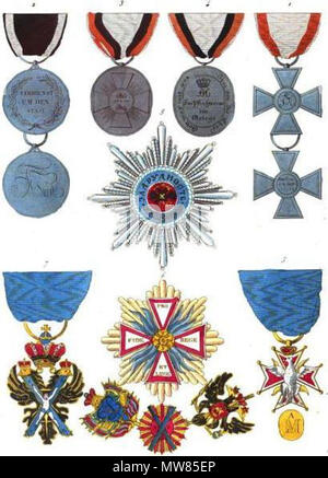 . English : Collection historique des ordres de chevalerie civils et militaires... Les ordres de chevalerie : anglais : 1. L'insigne d'honneur militaire, croix de guerre à la Prusse (ruban) 2. Insigne La médaille d'honneur militaire, sur la paix ribbon (Prusse) 3. Médaille commémorative de la guerre de 1815, l'avers (Prusse) 4. Médaille commémorative de la guerre de 1815, la Prusse (marche arrière) 5. Ordre de l'Aigle blanc, d'un insigne (Pologne) 6. Ordre de l'AIGLE BLANC, star (Pologne) 7. Ordre de Saint Andrew, badge (Russie) 8. Ordre de Saint Andrew, star (Russie) 9. Ordre de Saint Andrew, le collier (Russie) . 182056 Aristide Michel Perrot - Collectio Banque D'Images