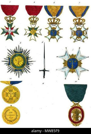 . English : Collection historique des ordres de chevalerie civils et militaires... Les ordres de chevalerie : anglais 1. Ordre du faucon blanc (Saxe), d'un insigne avers 2. Ordre du faucon blanc (Saxe), marche arrière 3 badge. Ordre du faucon blanc (Saxe), 4 étoiles. Ordre de l'épée (Suède), de l'insigne de chevaliers contre 5. Ordre de l'épée (Suède), 6 étoiles. Ordre de l'épée (Suède), l'épée 7. Ordre de l'épée (Suède), de l'insigne de Grand Croix 10. Ordre de Vasa (Suède), d'un insigne 11. ----- 12. Médaille pour bravoure sur le terrain (Suède), avers et marche arrière . 182056 Aristide Michel Perrot - Collection Banque D'Images