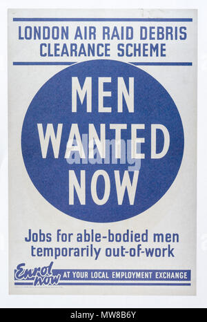 Une seconde guerre mondiale affiche appel aux volontaires pour les travaux de nettoyage des débris de l'air - Les hommes voulaient maintenant Banque D'Images